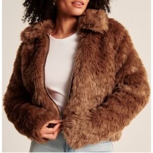 Abercrombie & Fitch Faux Fur Jacket Women's Small Copper Brown Zip Up Cropped